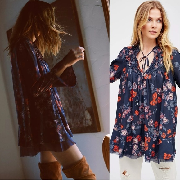 Free People So Fine Printed Smocked Top in Midnight Combo XS Floral Tunic Dress - Picture 1 of 16